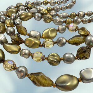 Austrian Olive Green Glass Pearl Necklace 20" Glass Art Beads Austrian Crystal